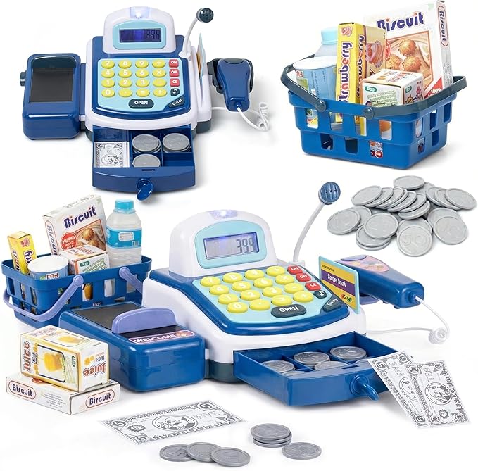 Prextex Pretend Play Electronic Toy Cash Register for Kids - Contains Play Coins, Paper Bills & Credit Card - Teaches Money and Number Calculation - Fun Toy Register for Kids - Blue