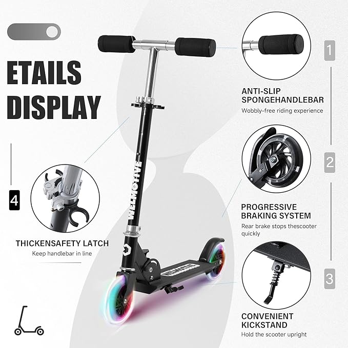 Kick Scooter for 3+Years Old Boys & Girls Lightweight, Foldable, Aluminum Frame, and Adjustable Handlebars, Rear Brake, and Flashing Light up Wheels