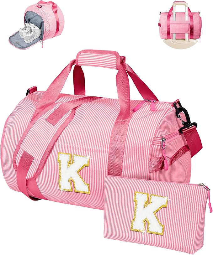 Gift for 5 6 7 8 9 Year Old Girl, Girls Travel Duffle Bag, Kids Initial Overnight Bags with Shoe Compartment, Personalized Weekend Bag with Makeup Pouch, Trips Essentials (Letter K)