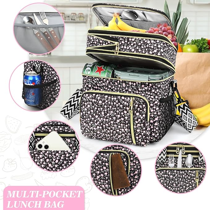 LOKASS Lunch Box for Women-16L-Insulated Lunch Bag Women, Expandable Double-layer Leakproof Cooler Bag with Upgrade Adjustable Shoulder Strap Ideal for Work/Travel/Picnics（Black Flower）