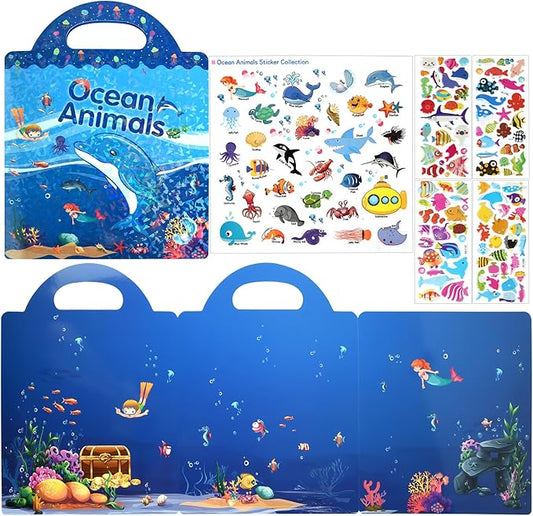 ASTARON Reusable Sticker Book for Toddlers, 88 Pcs Ocean Stickers Road Trip Activities Car Airplane Activities Travel Toys for Kids, Kids Quiet Time Activities (2-6 Age)