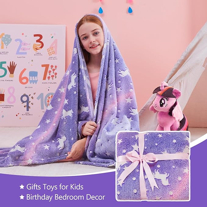 QSTEHEML Unicorns Glow in The Dark Blanket for Girls,Unicorn Gifts for Girls Age 3 4 5 6 7 8 9 10 11 12 Year Old, Soft Unicorns Purple Blanket - Christmas Birthday Bedroom Decor 50"×60"