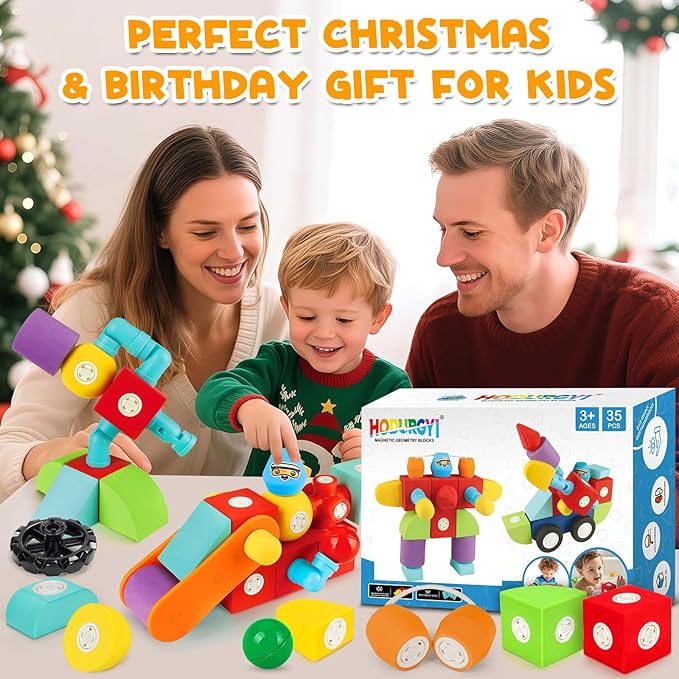 35 PCS Magnetic Foam Blocks for Kids, Large Magnetic Building Blocks for Toddlers 3+, Kids Bath Toys and Preschool STEM Educational Toys, Birthday for Boys & Girls 3 4 5 6+ Years Old