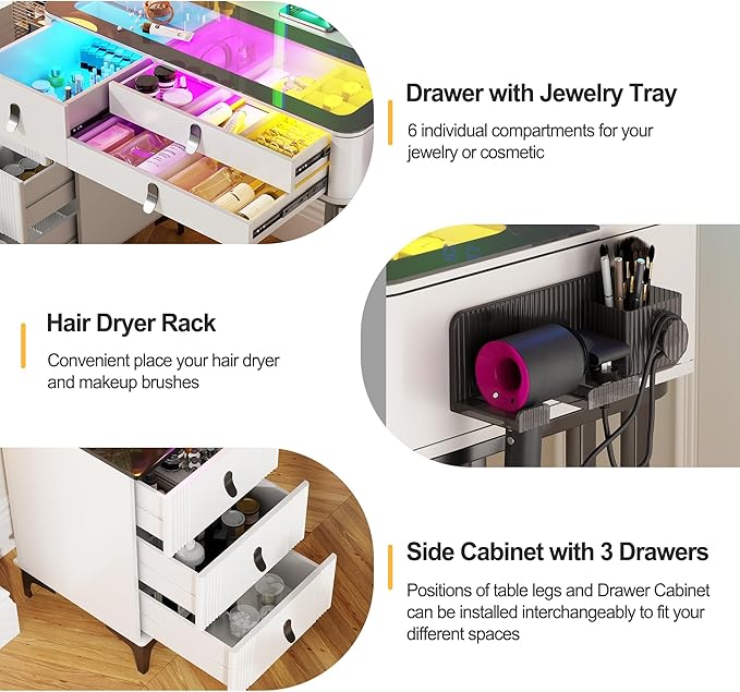 HNEBC Vanity with LED Mirror, Glass Top Dresser with Wireless Charging Station for Bedroom, Small Makeup Desk with 6 Drawers, Girls Dressing Table with Auto RGB Lighted for Christmas (85011-White)