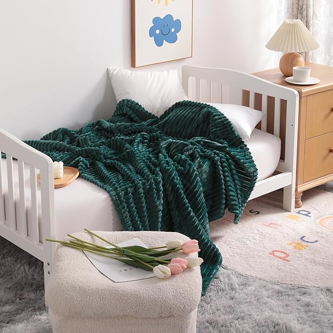 NTBAY Plush Flannel Oversized Baby Blanket, 50X60 Inches Soft and Warm Toddler Blanket with Striped Texture Nursery Bed Blanket for Stroller, Crib, Travel, Baby Gift, 50"x60", Dark Green