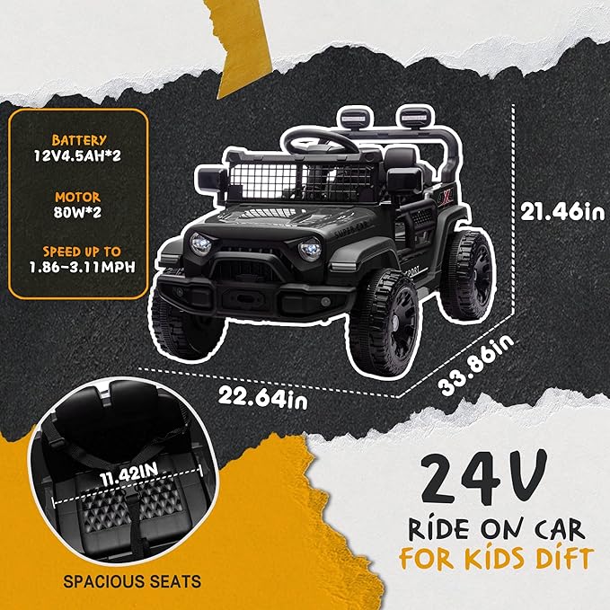 24V Ride On Jeep Car, Toddler Ride On Toys w/Parents Remote Control, 200W Power Motor Electric Car for Kids 2-4 with 4-Wheel Suspension, Bluetooth, Music, 1.86-3.11MPH Adjustable Speed, Black