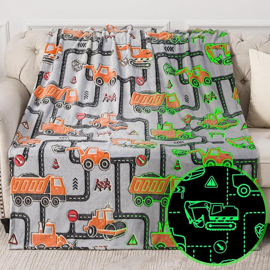 Kids Boys Construction Excavator Gifts Toys - Glow in The Dark Truck Blanket Birthday Christmas Valentine's Easter Gift for Age 1 2 3 4 5 6 7 8 9 10 Years Old Teen Toddlers Car Plush Throw 50"x60"