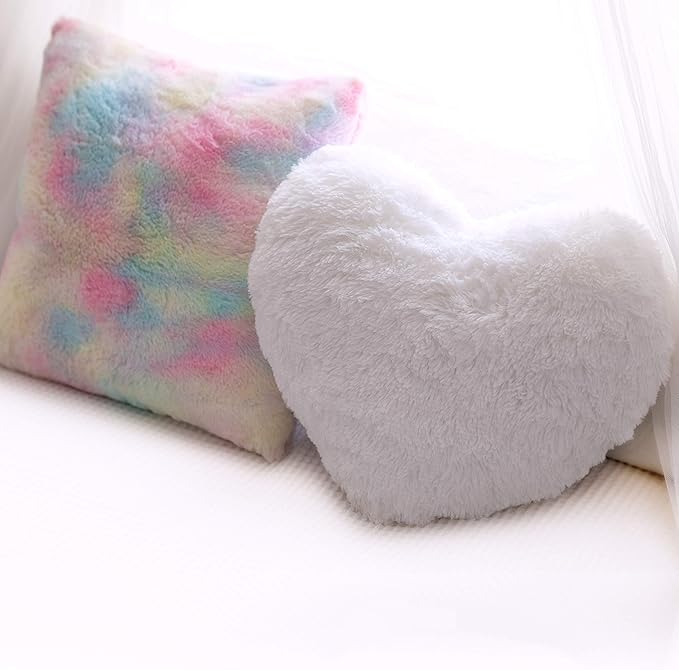 PERFECTTO Set of 2 Decorative Throw Pillows for Girls. White Fluffy Heart and Soft Rainbow Pillow. Plush Pillows for Kid’s Bedroom Décor Toddlers Princess Room, Fun and Cozy for Teepee Tent