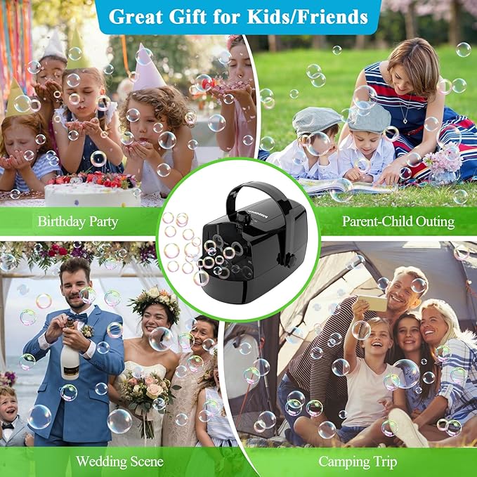 Bubble Machine, 3-in-1 Bubble Maker, Automatic Bubble Blower with 3 Bubble Wands, 8000+ Colorful Bubbles for Kids Toddlers, Operated by Plug-in or Batteries for Indoor Outdoor Birthday Party