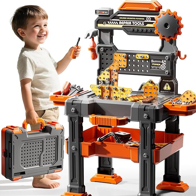 Kids Tools Toy Sets for Aged 3 4 5 6 7 8, 2 in 1 Workbench Toys for Toddlers 3-5, Pretend Play Toolbox, Construction Mechanic Set with Sound, Educational Birthday Gift for Boys Girls Ages 3-8