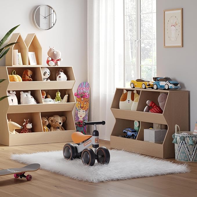 DINZI LVJ Kids Bookshelf, Toy Storage Organizer, Wooden Toy Storage Cabinet, 4 Cubby Children Bookcase, 43.3" L Toddler Book Shelf for Bedroom, Nursery, Hallway, School, Natural