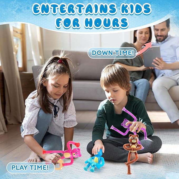 Bear Sensory Toys 4Pcs for Toddlers Kid Boy, Travel Airplane Activities Suction Autism Pop Tube Fidget Toys ADHD Autism Plane Road Trip Activities Essential,Stocking Stuffer Autistic Gifts