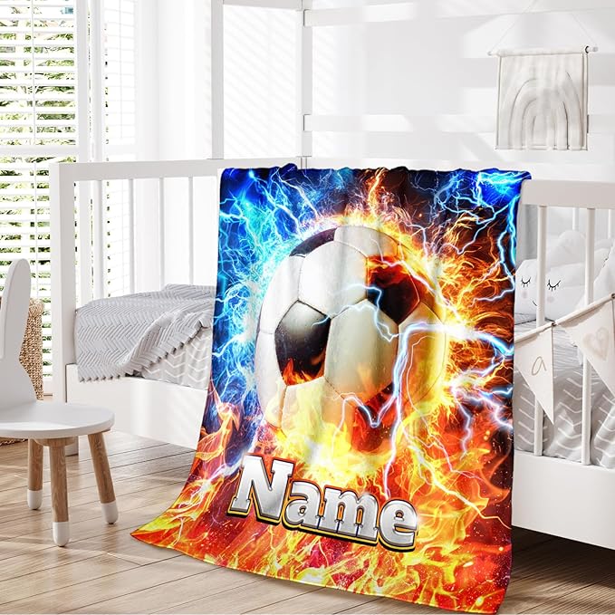 Soccer Blanket for Kids Boys, Personalized Name 40x30 Inches Small Soft Warm Cozy Custom Sports Stuff Accessories Blankets Gifts for Sofa Chairs