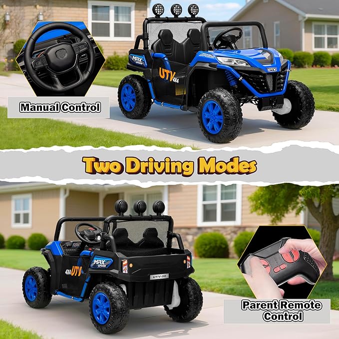 2 Seater 24V Ride On Toys for Big Kids, Electric UTV Car with Remote Control, 4-Wheeler Suspension, Side by Side Vehicle Max 110lbs, Soft Start, Bluetooth, Lights, Ride on Truck Kids 3 Years+, Blue