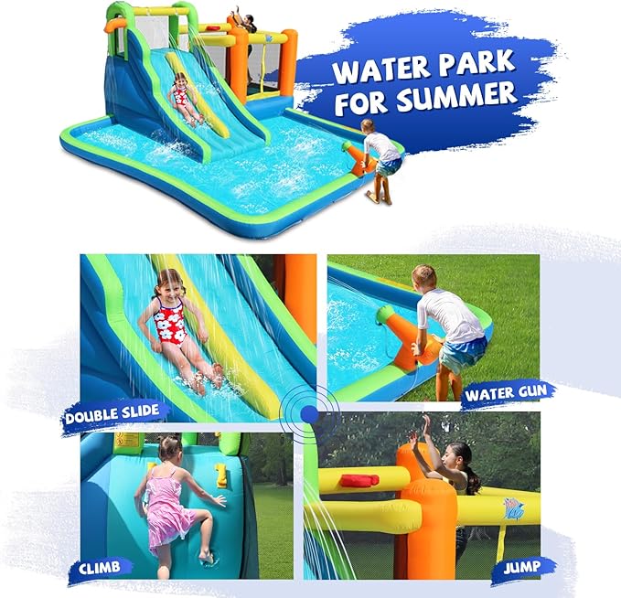 Action Air Water Slide, 7-in-1 Inflatable Bounce House with Large Pool, Extra Bouncing Area with Basketball Hoop, Large Bouncy Area 64x62 inch, Double Slide with Water Spray for More Fun
