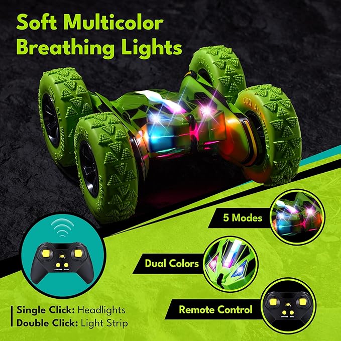 Remote Control Car RC Cars Toys for Boys Girls Ages 6-12, Upgraded USB-C Modular Batteries, Threeking 4WD Stunt Car with Breathing Soft Lights, Double-Sided Driving & 360° Flips, Presents Gifts, Green