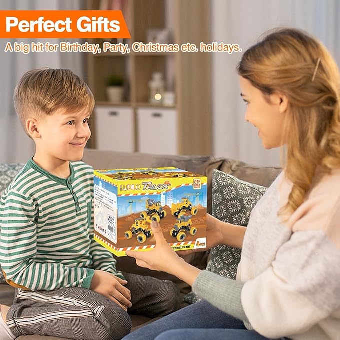 LUDILO 4PCS Take Apart Toys for 4 Year Old Boys Construction Toys with Electric Drill DIY Assembly Building Stem Toys Trucks Gifts for 3 4 5 6 7 8 Year Old Boys Girls Kids Learning Educational Toys