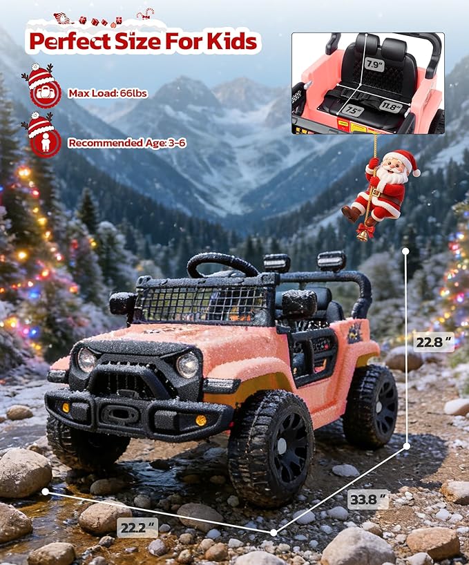 ELEMARA 12V Ride on Toys, Electric Vehicles for Kids w/3 Speeds, 3.5 mph Max, Ride on Car with Remote Control, Motorized Truck, Toddler Electric Car w/Bluetooth, LED Lights,Shock Absorbers-Light Pink