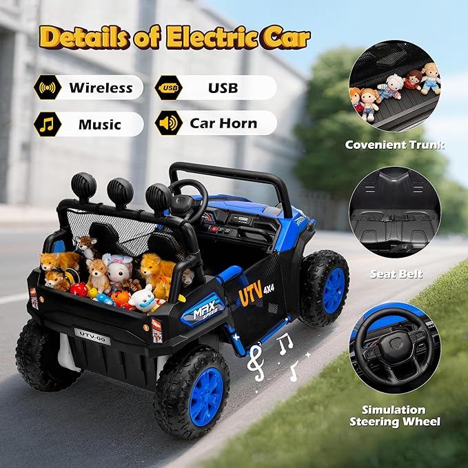 2 Seater 24V Ride On Toys for Big Kids, Electric UTV Car with Remote Control, 4-Wheeler Suspension, Side by Side Vehicle Max 110lbs, Soft Start, Bluetooth, Lights, Ride on Truck Kids 3 Years+, Blue
