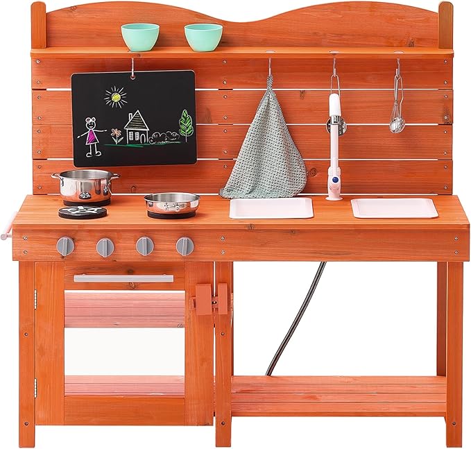 VEVOR Wood Outdoor Play Kitchen for Kids, 41.3in Extra-Wide Design with Realistic Stoves, 2 Removable Sinks, Upgraded Faucet, Blackboard & Cookware Pots, Outdoor Mud Kitchen for Boys & Girls