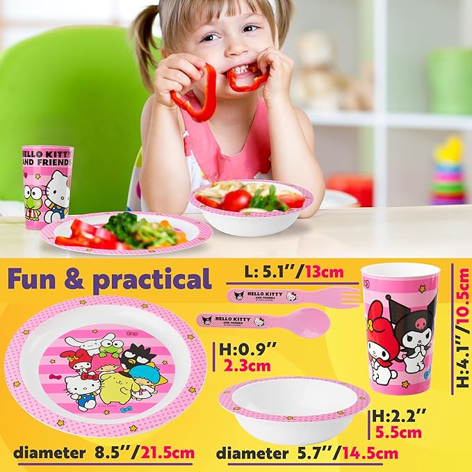 Get Trend Hello Kitty Sanrio Dinnerware Sets for Kids, 5 Pc Tableware, Plate, Bowl, Cup, Spoon, Fork, Kawaii Plates and Bowls Set, Gifts for Kids (Pink Hello Kitty)