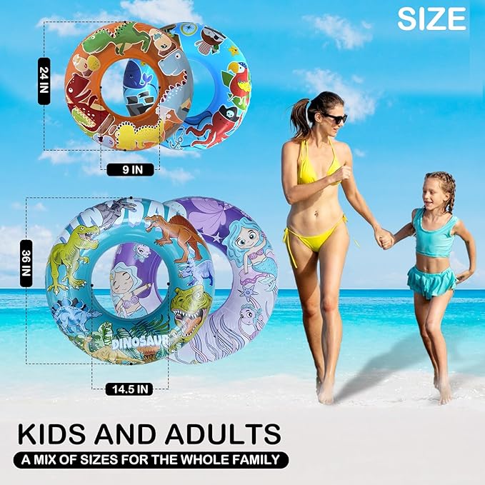 4 Pack Inflatable Pool Floats, 36" & 24" Pool Tubes for All Ages, Unique Dino, Mermaid, Pirate Inner Tube Floaties for Swimming, Swim Ring and Pool Party Toys for Kids 3-5 4-8 8-12, Teens, Adults