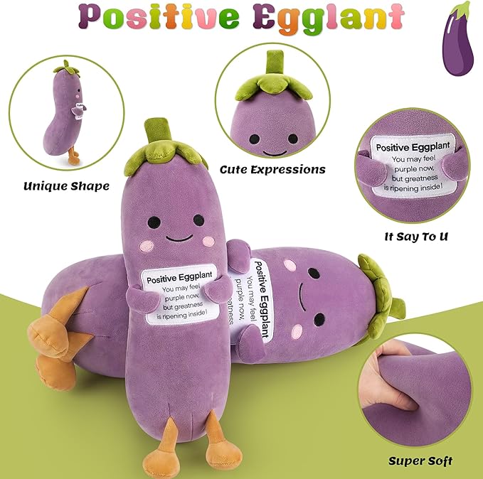 Positive Eggplant Pickle,Pickle Stuffed Animal-20” Plush Eggplant Stuffed Animal with Positive Words,Kawaii Plush Toys Vegetable Plushies Pillow,Birthday&Christmas Gifts for Kids Adults