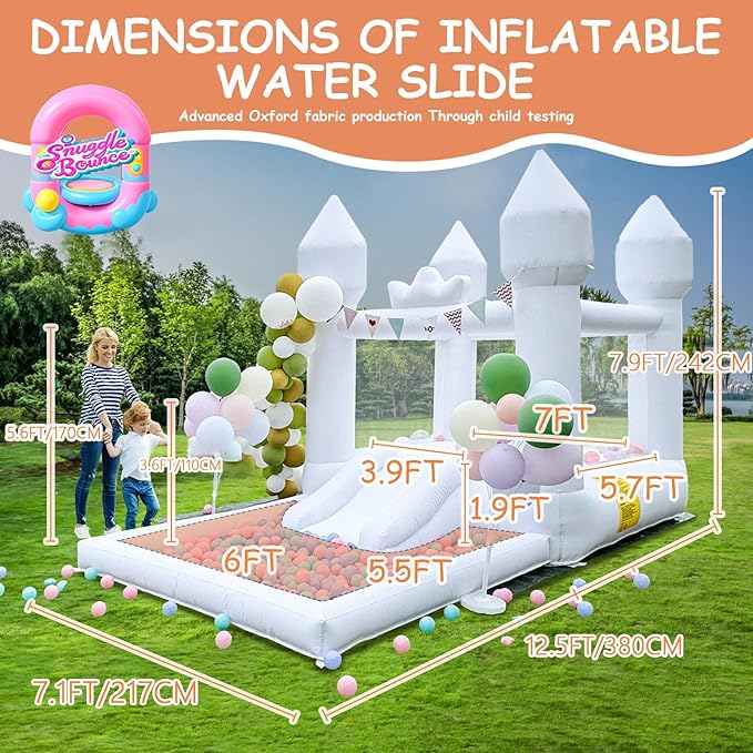 12.5FTx7.1FT White Inflatable Bounce House Inflatable Castle with Slide and Ball Pool Indoor and Outdoor Toys for Active Kids Used for Inflatable Products for Birthday Parties and Holiday Decorations