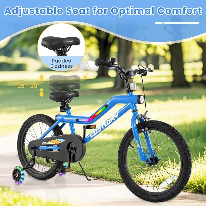 COSTWAY 16”/18” Lighted Kids Bike, Children Sport Bicycle with LED Light-up Frame, Adjustable Saddle, Training Wheels, Handbrake & Coaster Brake, Kids Riding Bike for 4-7/4-8 Years Old Boys & Girls