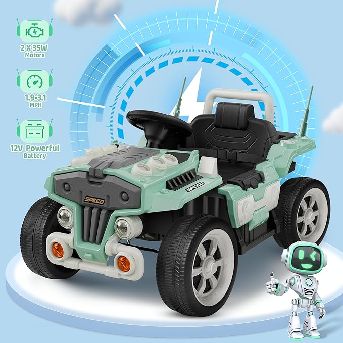 ANPABO 12V Ride On Truck Car with Remote Control, Kids Electric Car with Bluetooth Music, Horn, 3 Speeds, LED Lights, Soft Start, Ride on Toys for Toddler Boys & Girls (Green)