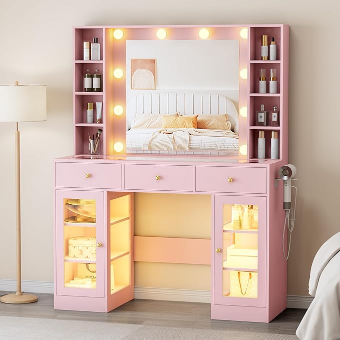 Makeup Vanity with Mirror and Lights, 43'' Wide Dressing Table with Storage Drawers, Open Shelves & Power Outlet, Vanity Desk with RGB Cabinet & Glass Top for Girls Bedroom, Living Room, Pink
