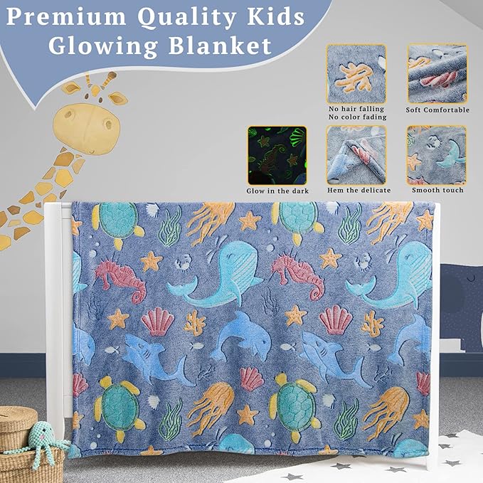 Gifts for Boys Ocean Glow in The Dark Blanket for Girls Kids Turtle Fish Soft Throw Blanket for Couch Bed Birthday Christmas 50" x 60"