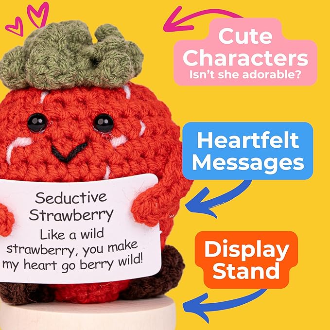 Flirty Berry Pack — Crochet Stuffed Berries Bulk Variety Pack w/Stand (5 pc). Handmade Crochet Figurines Decor - Desk, Office, Coworker, Friend