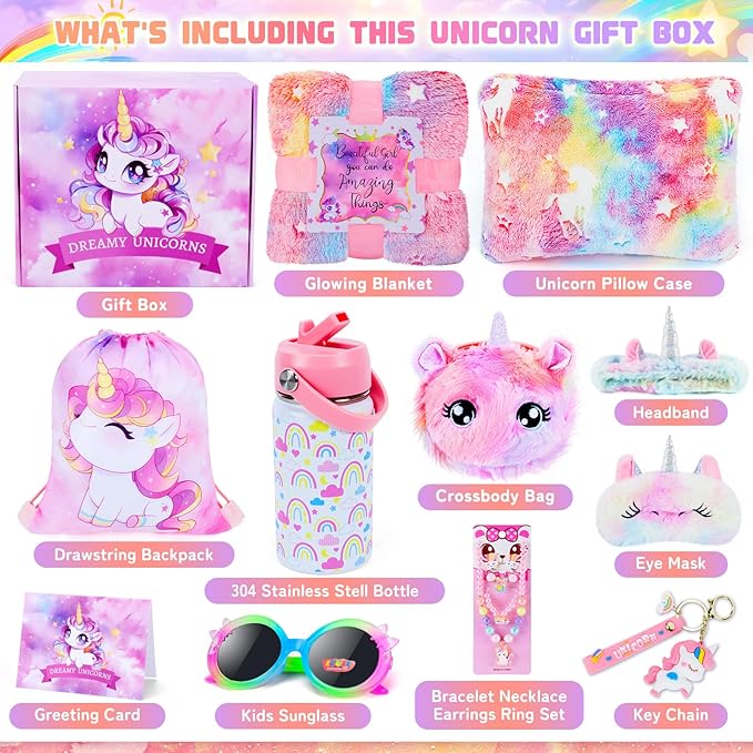 Unicorn Toys for Girls, Kids Gifts with Glowing Blanket, Water Bottle, Eye Mask, Headband, Crossbody Bag, Sunglasses - 12PCS Birthday Gift Toys for Girls 6-10+