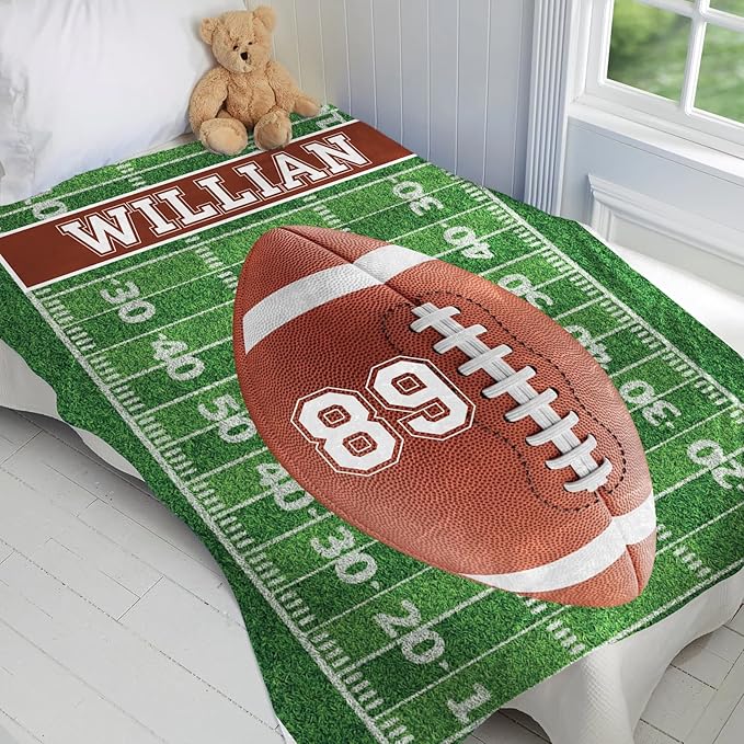 Personalized Football Blankets with Name Numbers, Custom Football Team Game Throw Flannel Blankets Stuff Gifts for Boys Sports Lover Fans Kids Adult