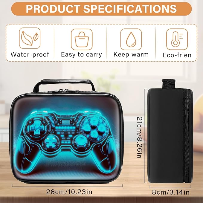 Gamer Lunch Box for Boys,Leather Boys Lunch Bag for Kids,Gamer Gifts for Kids,Insulated Video Game Lunchbox,Reusable Portable Lunchbox for School Travel Picnic Hiking Beach