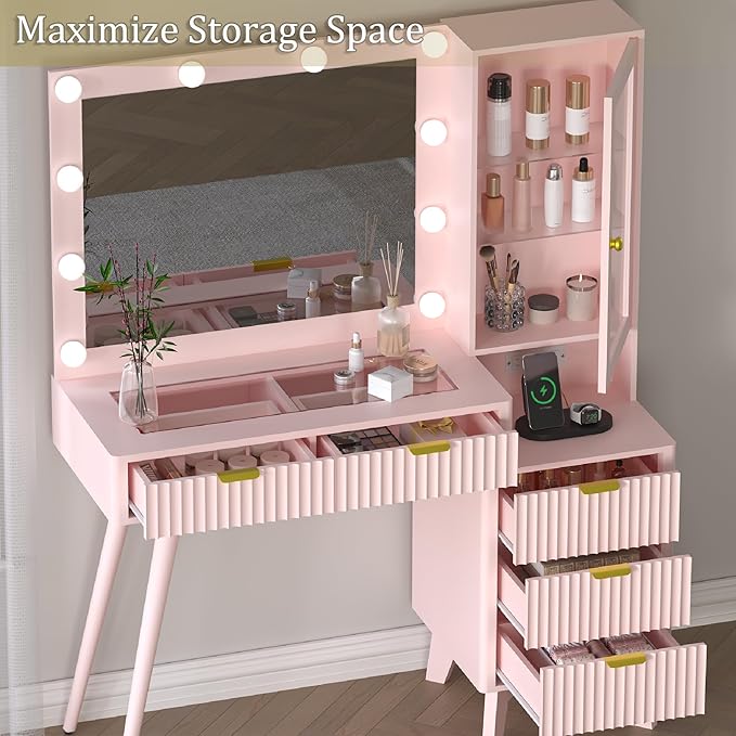 45” Fluted Makeup Vanity Desk with Mirror and Lights, Glass Top Dressing Table with 5 Drawers, LED Lighted Adjustable Cabinet, Trays & Charging Station for Bedroom Dressing Room