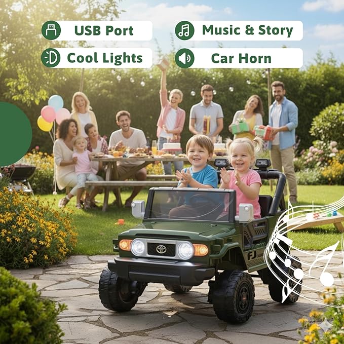 24V Ride on Toys for Kids, Licensed Toyota FJ, 2 Seater Ride on Car with Remote Control, Electric Car w/ 4-Wheeler Suspension, Led Light, Music, USB, Electric Vehicle for Age 3-8, Green