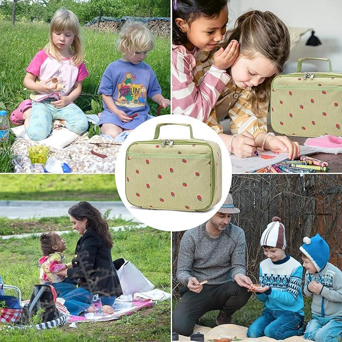 Bluboon Kids Girls Lunch Bag Insulated Lunch Box for school Corduroy Lunch Cooler Organizer School Kids Lunch Tote (Corduroy-Strawberries-Green)