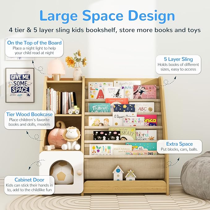 FKWin Kids Bookshelf, Kids Toy Storage Organizer, Baby Storage Book Rack, 4 Tier Kids Wooden Bookshelves, 5 Layer Sling Bookcase for Playroom, Bedroom, Living Room, Kids Room, Nursery, School(Natural)