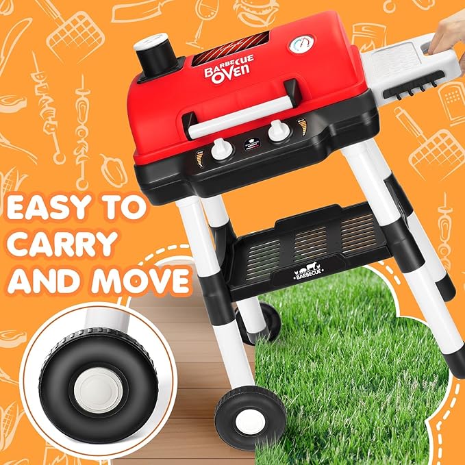 Kids Play Kitchen Toys, Kids BBQ Grill Playset with Smoke Sound Light, 2-Layer Barbecue Toy with Wheels, Outdoor Play Food Toys Cooking Set for Toddlers 3-5, Birthday for Boys Girls