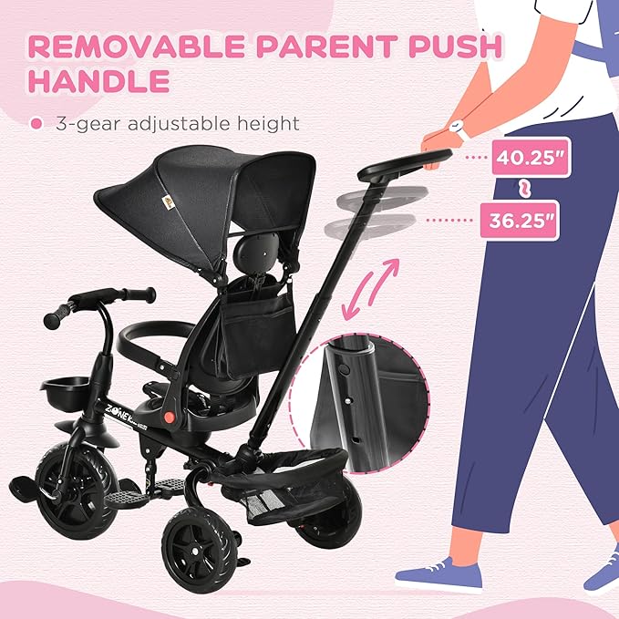 Qaba Kids Tricycle, 4 in 1 Foldable Trike with Reversible Seat, Adjustable Parent Handle, Safety Harness, Wheel Brakes, Removable Canopy, Storage, Tricycle for Toddlers 1-5 Years, Black