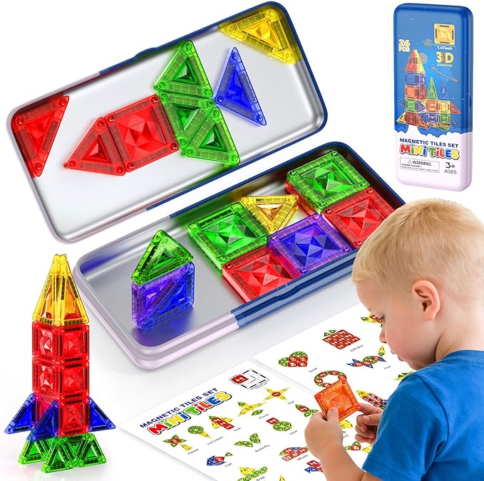 Mini Magnetic Tiles for Kids, Sparkling Diamond Travel Magnet Tiles with Metal Case, STEM Educational Magnet Blocks, Portable Construction Magnet Toys for Boys and Girls, 26PCS