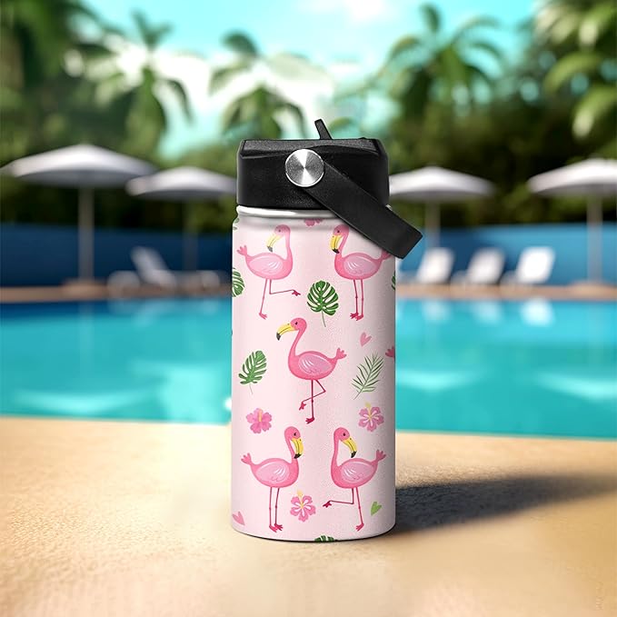 SANDJEST Kids Water Bottle Flamingo Water Bottles 12oz with Straw Insulated Stainless Steel Travel School Tumbler Double Wall Vacuum Cup for Girls Kid