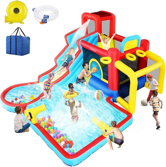 WHUBEFY Bounce House,Inflatable Water Slide Bounce Castle with Blower for Kids 3-12,Outdoor/Indoor Bouncy House Water Park for Backyard with 2 Splash Slides,Climbing Wall,Ball Pit,Jumping Area