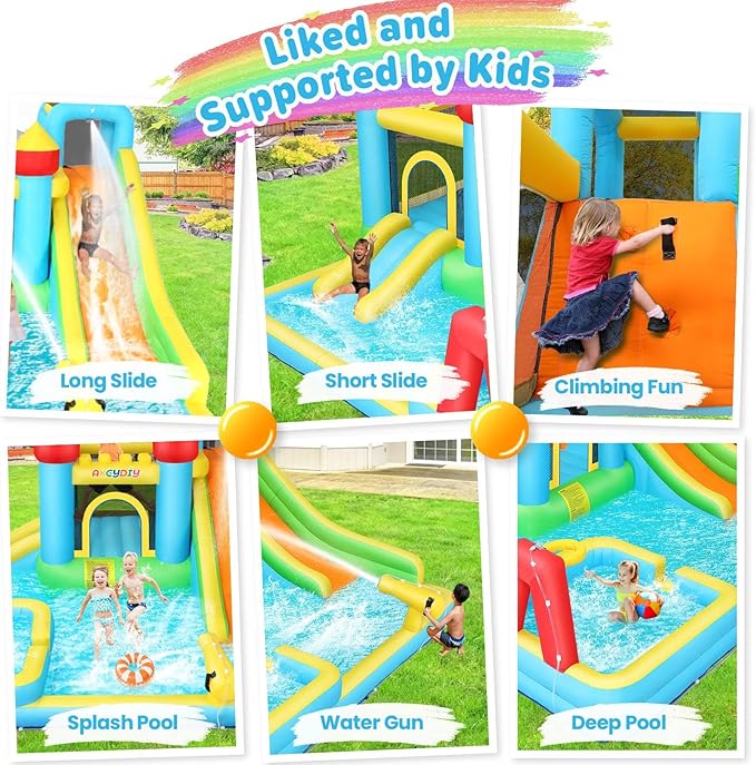 AKEYDIY Bounce House Water Slide, Inflatable Water Slide Park with with Long Slide, Pool, Climbing Wall, Water Gun for Outdoor, Blow up Water Slides Bounce House Castle for Kids Backyard Party Gifts