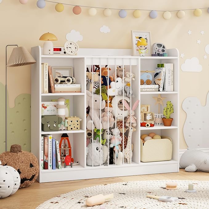 Wooden Stuffed Animal Storage, Toy Storage Organizer with 6 Cubbies, Kids Bookshelf Toy Shelf for Playroom, Nursery, and Bedroom