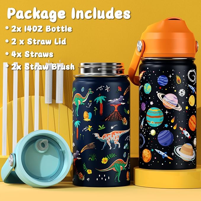 14oz Kids Insulated Water Bottle with Straw Lid - 18/8 Stainless Steel Kid Cup Travel Tumbler Double Wall Vacuum Leak Proof Portable Toddler Water Bottle (Space + Dinosaur)