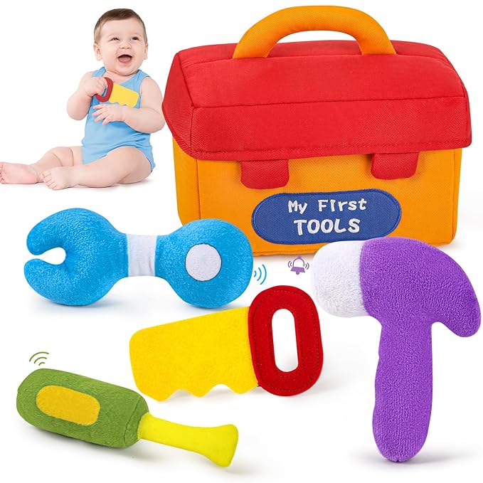 KMUYSL Baby Toys 6-12 Months, My First Tools Plush Toys -4 Pcs Sensory Playset Soft Toys with Squeaker Crinkle for 6-9-12 Months Newborn Infant, Birthday Christmas Gifts for Boys Girls