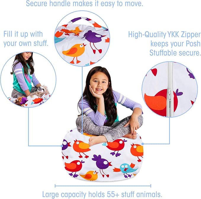 Posh Creations Stuffable Kids Stuffed Animal Storage Bean Bag Chair Cover - Childrens Toy Organizer Medium 27" - Canvas Birds on White